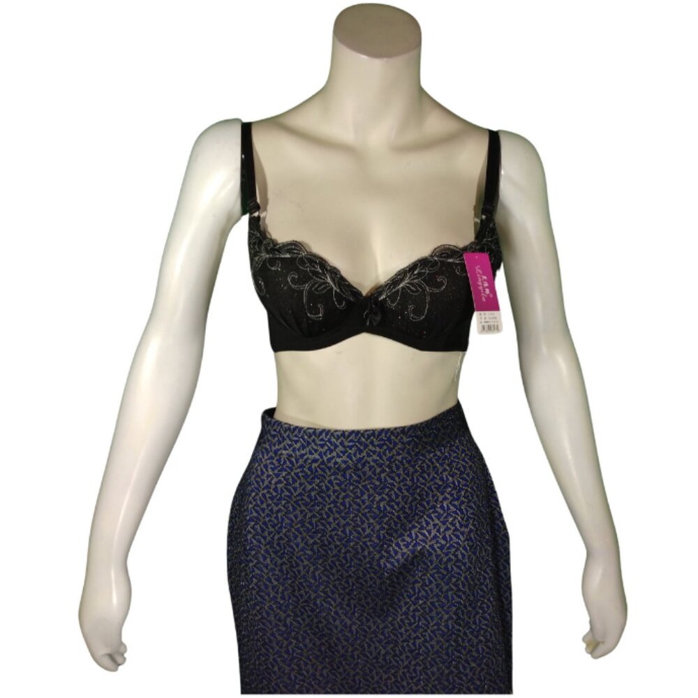 Women Black Embroidered Push up Bra with Glitter